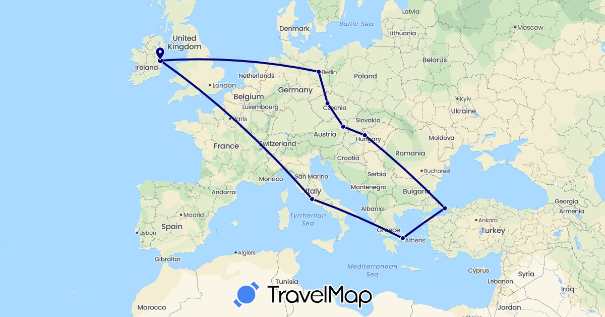 TravelMap itinerary: driving in Austria, Czech Republic, Germany, Greece, Hungary, Ireland, Italy, Turkey (Asia, Europe)
